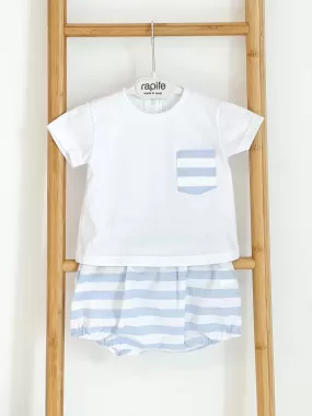 Boys Rapife White and Blue Stripe Pocket Shirt and Bloomer Set