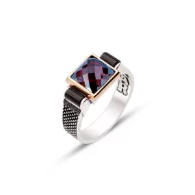 Facet Cut Red Zircon Stone with Onyx Cylinders Small Square Silver Men’s Ring Siding Black Pointed Pattern