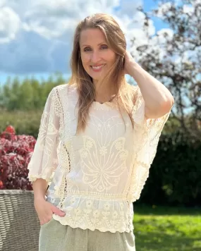 Floral Lace Butterfly Sleeve Top - Ivory/Cream