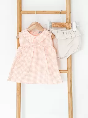 Girls Babidu Orange Gingham Romper with Pointed Collar