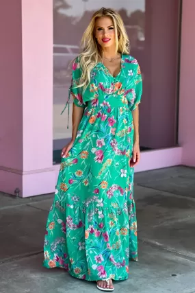 Romantic Strolls Double V Tie Back Maxi Dress : Green Floral