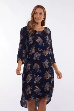 Rosaline Crop Sleeve High Low Navy Floral Midi Dress